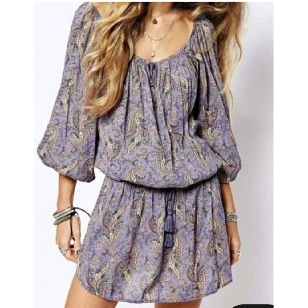 Denim & Supply R Lauren Peasant Mini Dress Purple Paisley Smocked Tassel Boho L